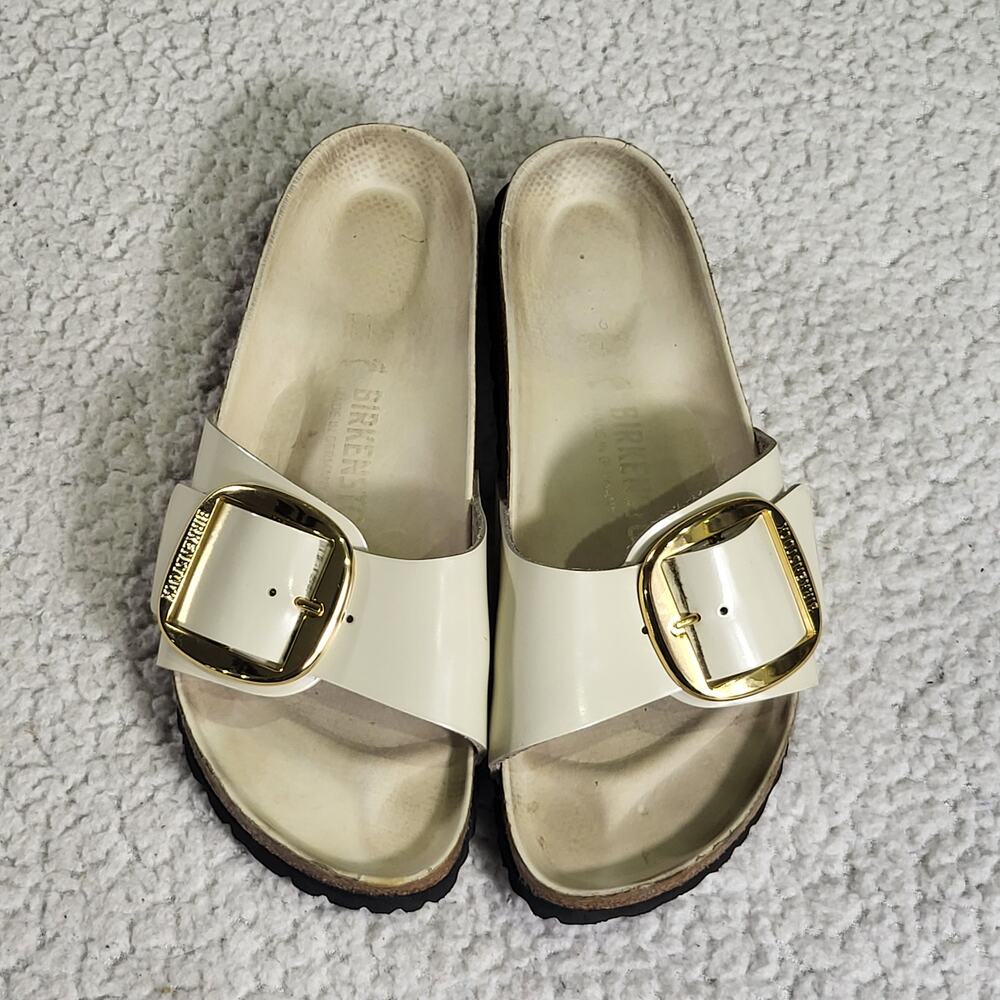Birkenstock Cream Patent Madrid Big Buckle Sandals with Gold Buckles